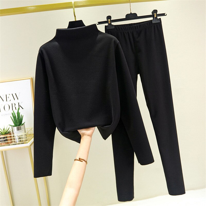 femmes col roulé longs Johns hiver Vevet pyjamas ensemble automne maison vêtements femme sous-vêtement thermique: Black / XXL fit (70-80)kg
