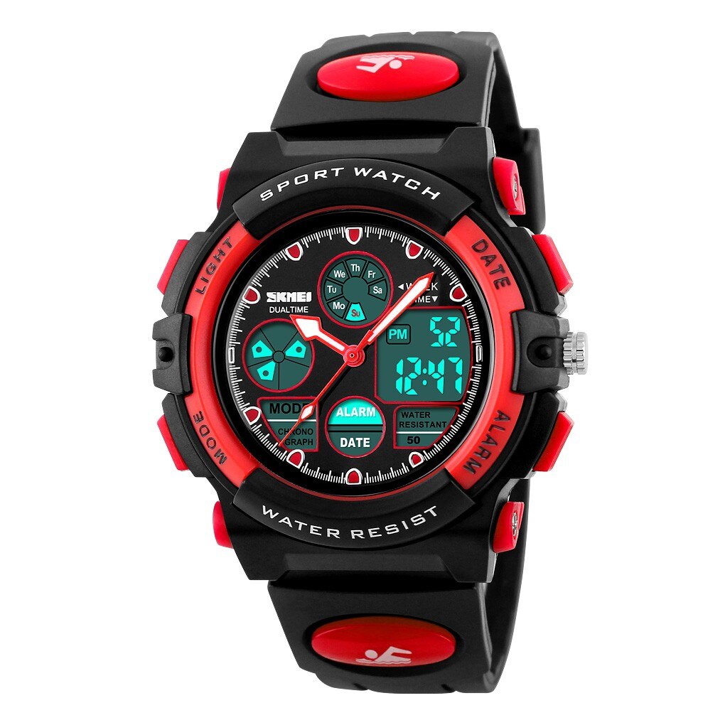 Digital Watch Waterproof Multifunction Boy kids watches LED Sports Waterproof Wrist Watch Kids Alarm Date Electronic Watch: Red