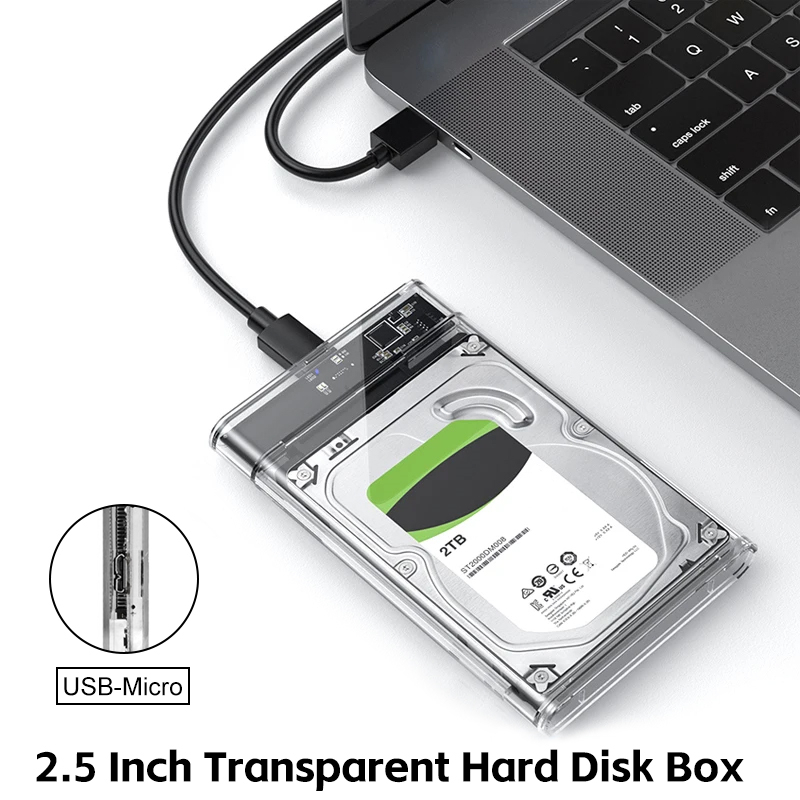 USB3.0 MicroB Transparent 2.5inch External Storage Case SATA 5Gbps HDD SSD Hard Drive Enclosure Support UASP for PC Laptop