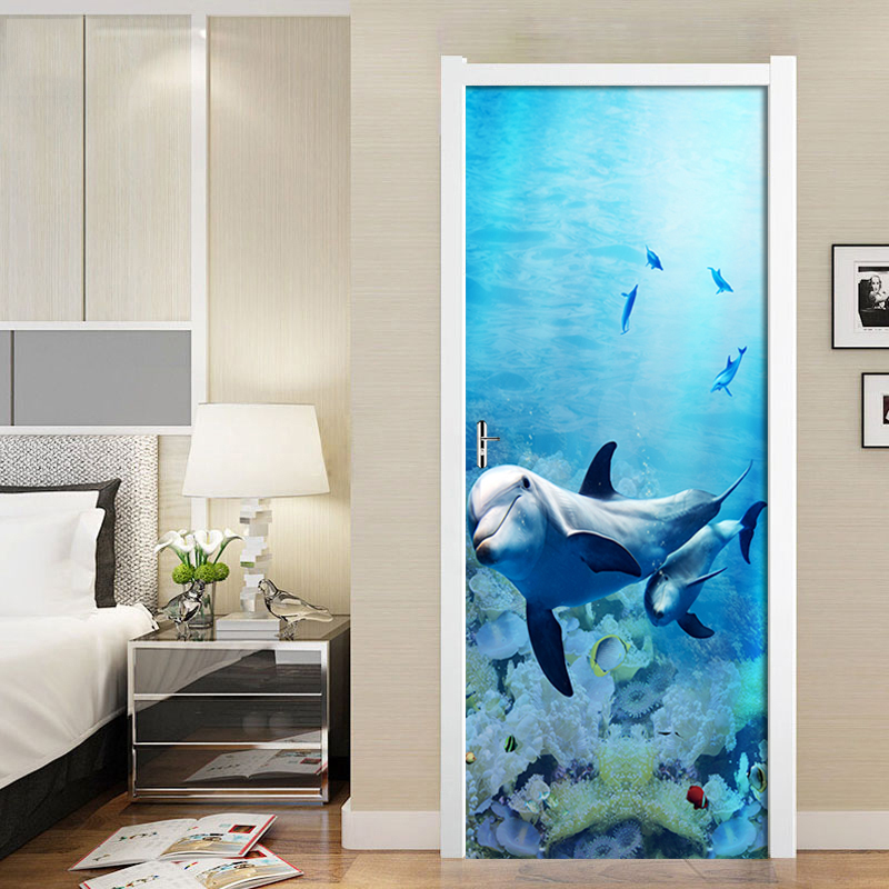 Dolphin adesivo de parede 3d 2 pçs/set, adesivo de parede azul marinho, à prova d'água, decalque de parede para casa e porta decalques em forma de
