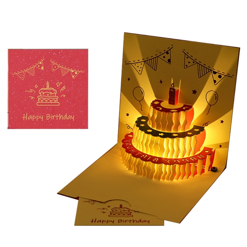 3D Birthday Cake Cards with Music Light Happy Birthday Pop-Up Greeting Postcards with Envelope Invitations For Kid Girl: Red