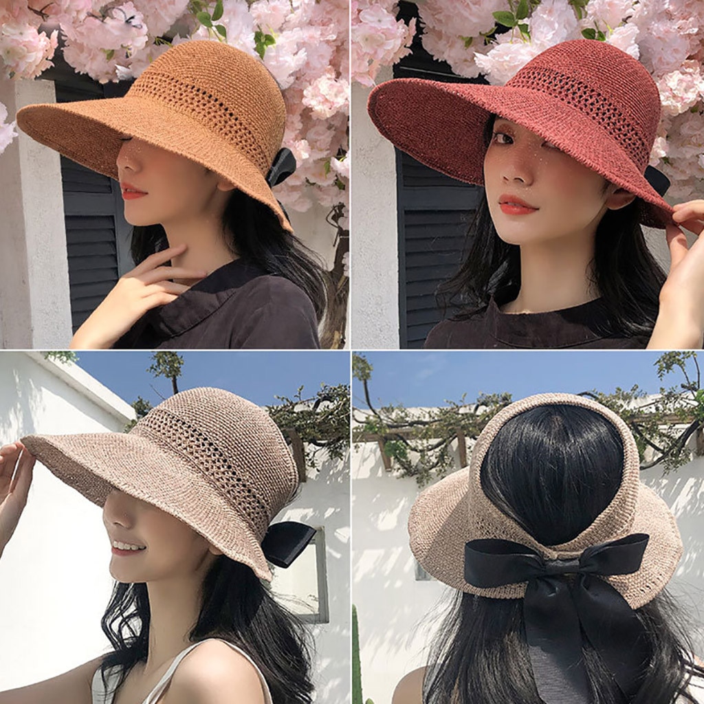 Chapeaux de soleil pour les femmes chapeau d'été chapeau de paille visière décontracté large bord disquette pliable solide été soleil plage chapeau T424