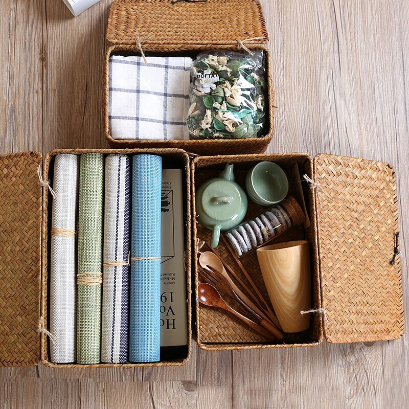 Handmade Woven Storage Baskets Laundry Basket Home Storage Rectangular Storage Box with Lid Sundries Organizer Box