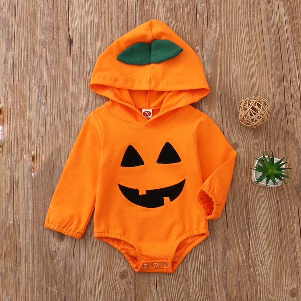 0-12M Neugeborenen Baby Jungen Mädchen Langarm Halloween Kürbis Smiley drucken Mit Kapuze Spielanzug-bodysuit Kleidung roupa natal bebes