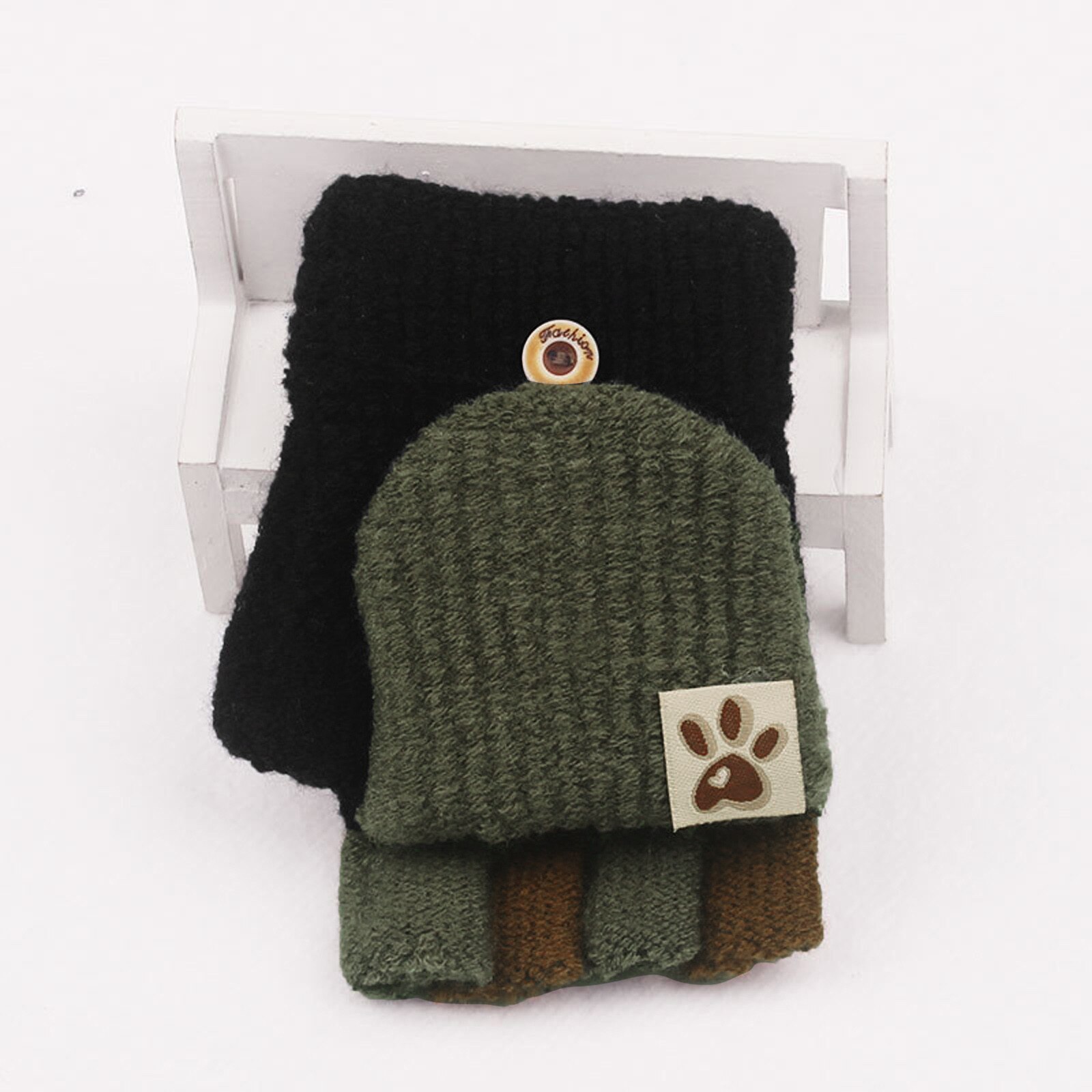 Kids Gloves Winter Soft Convertible Flip Top Gloves Baby Girl Boy Winter Warm Knit Fingerless Mitten Knit Gloves: BK