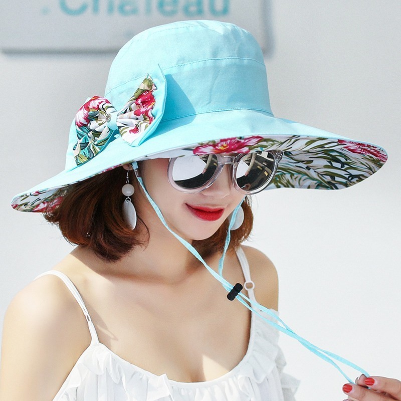 Vendbar sommerhat til kvinder superstor skygge strandkasket solhat kvindelig engelsk stil piger bue fedora hat: Himmelblå