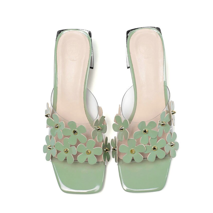 Qutaa Open Tenen Bloemen Sandalen Pu Leer Transparante Dames Pumps Zomer Vierkante Hak Slingback Vrouwen Schoenen Big Size 34-42