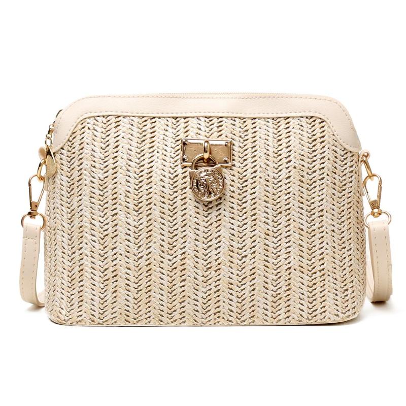 Straw Crossbody Bag Woven PU Leather Boho Beach Women Ladies Shell Shoulder Bags: White