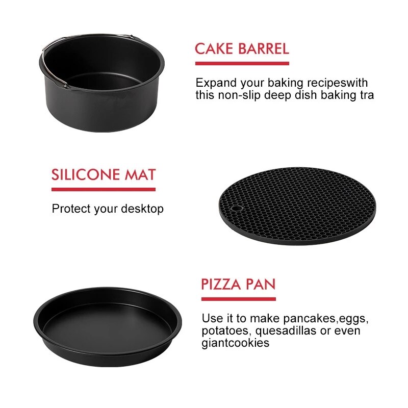 Air Fryer Accessories 7 Inch for Gowise Phillips Cozyna and Secura, Set of 8, Fit all Airfryer electric fryer 5.3QT to 5.8QT CF6