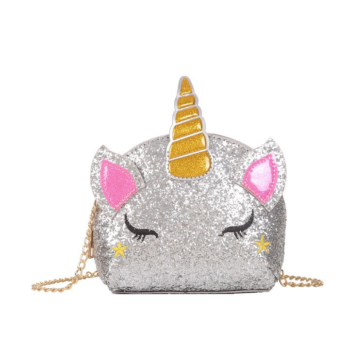 Unicorn Sequin Pu Bag Girl's Chain Purse Shoulder Bag Tote Crossbody Mini Messenger Bag Flap Bolsa Handbag GQ013: Silver