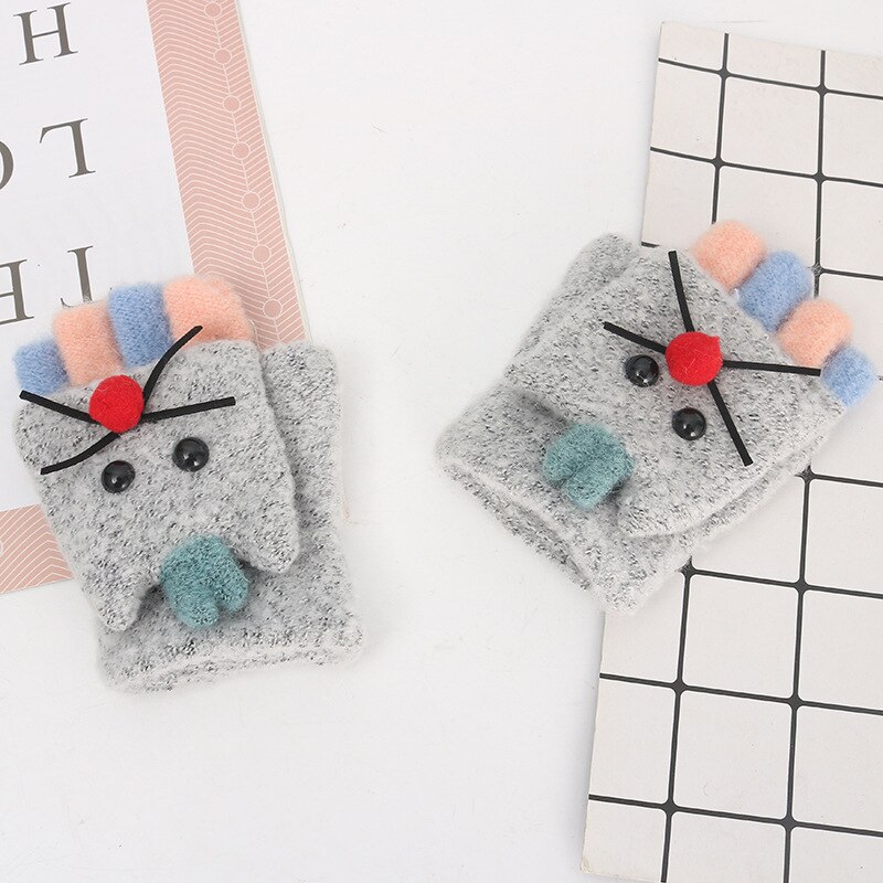 Kids Winter Warm Handschoenen Baby Wanten Leuke Cartoon Vingerloze Handschoenen Gebreide Flip Half Vinger Wanten Jongens Meisjes Kerstcadeaus: D