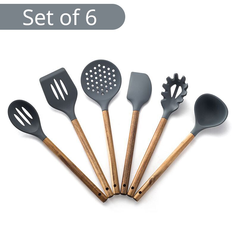 Silicone Cooking Utensil Set of 6, Nonstick Cooking Spatulas, Spoon, Strainer, Slotted Spoon, Pasta Fork, Best Kitchen Gadgets: Set of 6