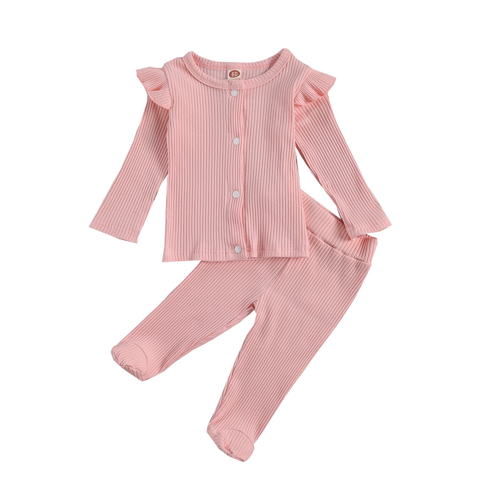 FOCUSNORM Newborn Baby Girls Boys Sleepwear Sets 2pcs Solid Long Sleeve Single Breasted Knit Tops Trousers Pants: Pink / 3M