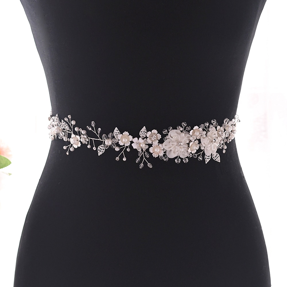 TRiXY SH275 Luxury Western Belt Silver Sash Belt for Wedding Dress Women Pearl Belts for Bridesmaid Flower Bridal Belt