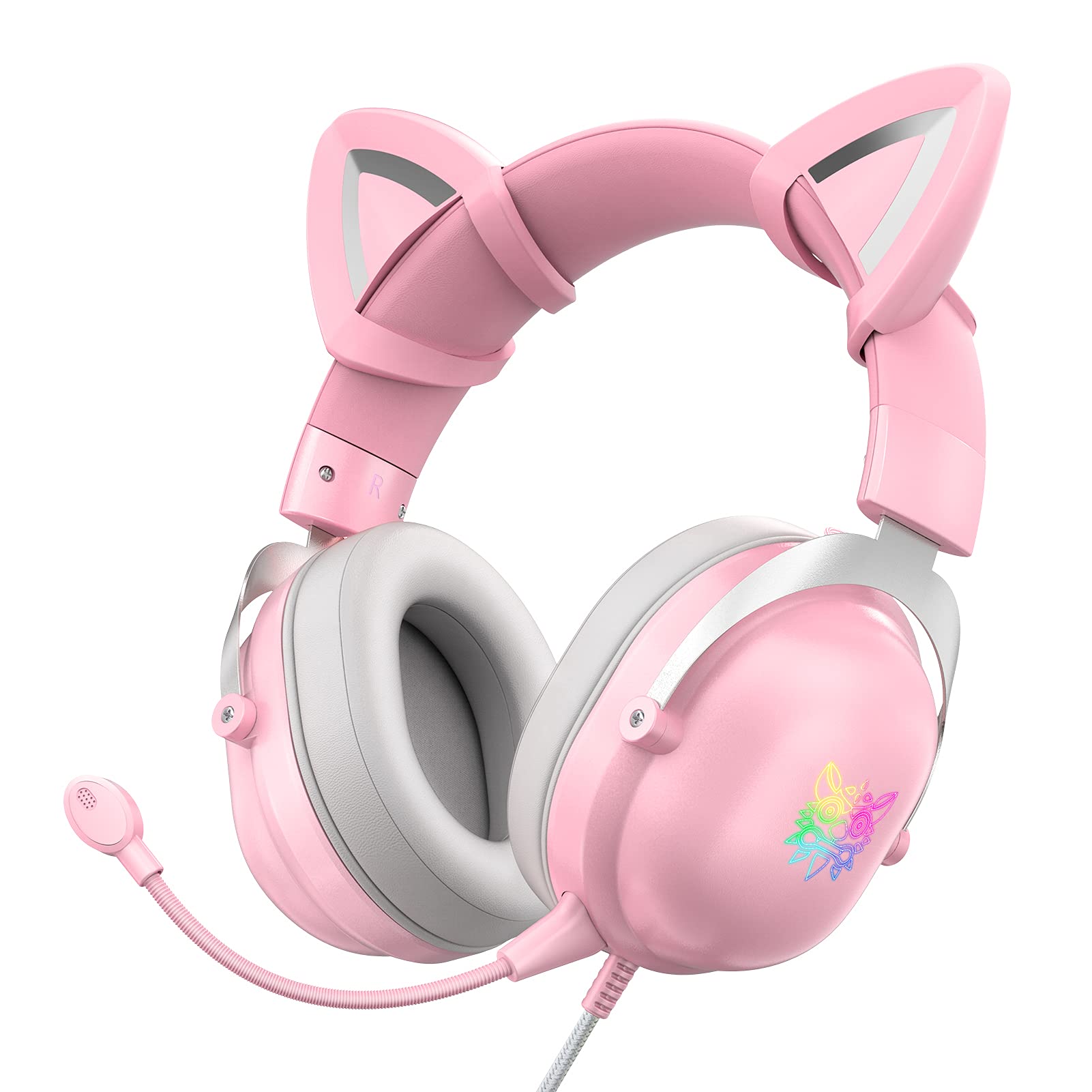 Onikuma X11 Black Cute Cat Ear Headphone with Mic Cute Gaming Headset with Mic and Noise Cancelling Headphone Gaming with Led Li: Pink