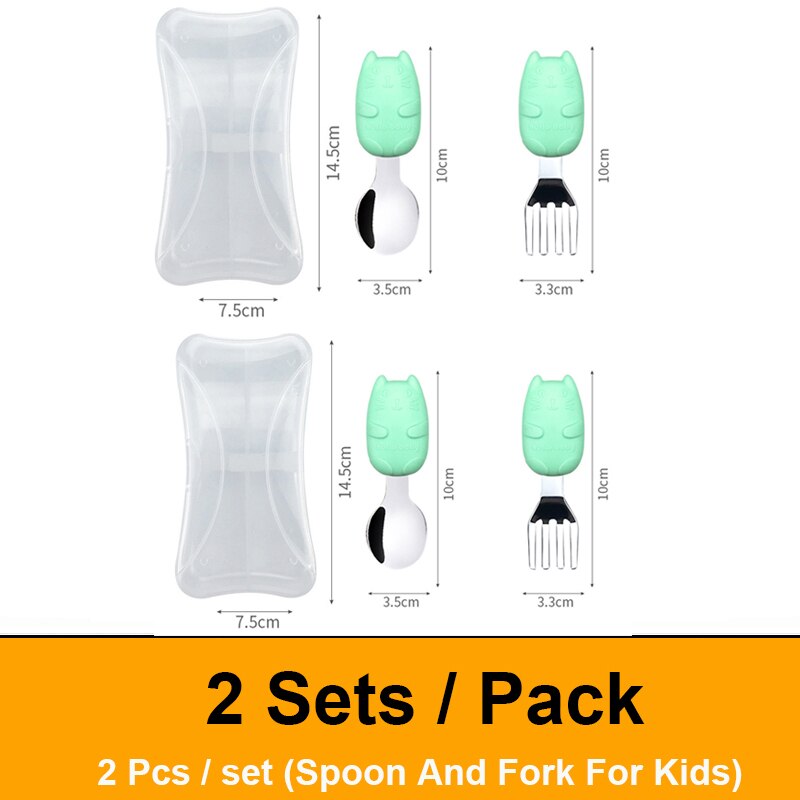Spoon And Fork For Kids Children's Cutlery Set Cute Cartoon Metal spoons And Forks Stainless Steel Eco Friendly Kids Tableware: Green 2 sets
