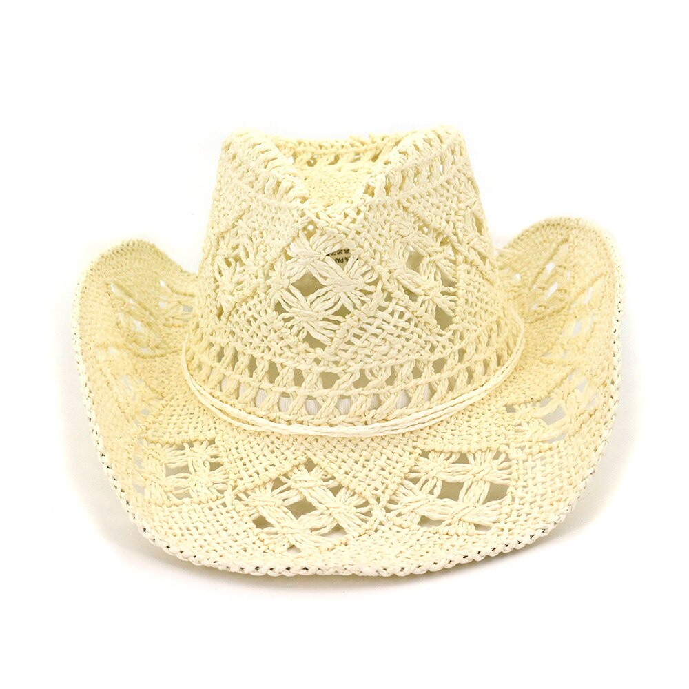 Sombrero vaquero hueco de rafia para hombres de verano con cuerda delgada de ala ancha rizada occidental gorro de protección solar Unisex sombreros