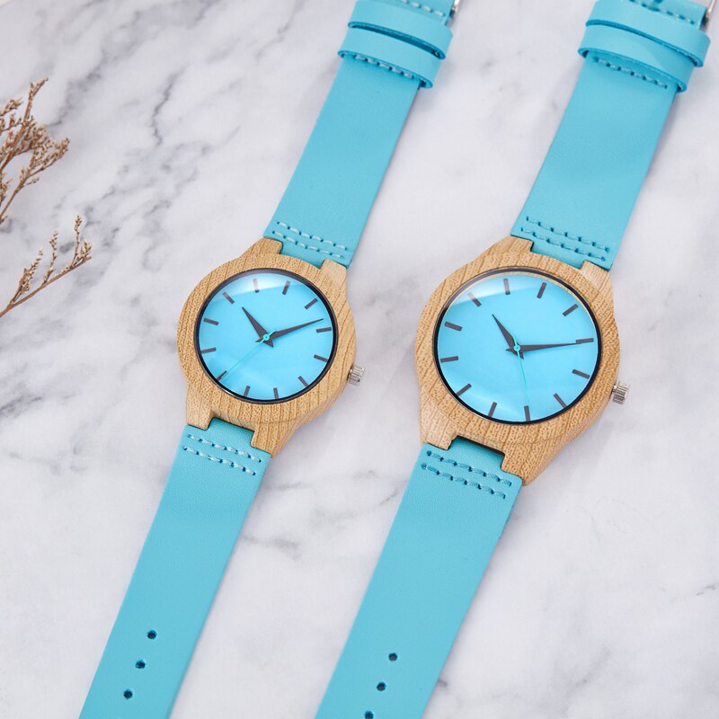 Imiteret træ kvarts ur mænd kvinder træ ure blå skive sekskant urkasse ure læder band par elsker håndled