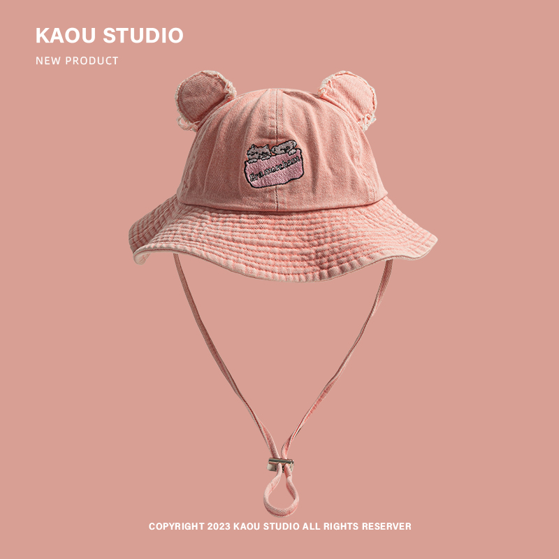 schattige beer oren geborduurde emmer hoed dames lente en zomer outdoor zonnescherm vetersluiting koepel vrije tijd zonnepet: Army Green