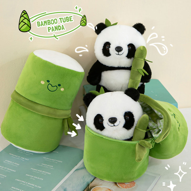 Ensemble de Panda en Tube de bambou Kawaii, jouet en peluche mignon, poupée ours en peluche, réversible, de saint-valentin pour enfants