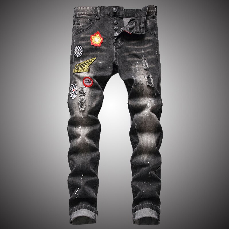 Pantalones vaqueros rasgados negros para hombre, ropa de calle de para hombre, vaqueros rectos con agujeros, de dibujo grafiti, informales, ajustados, NZ108