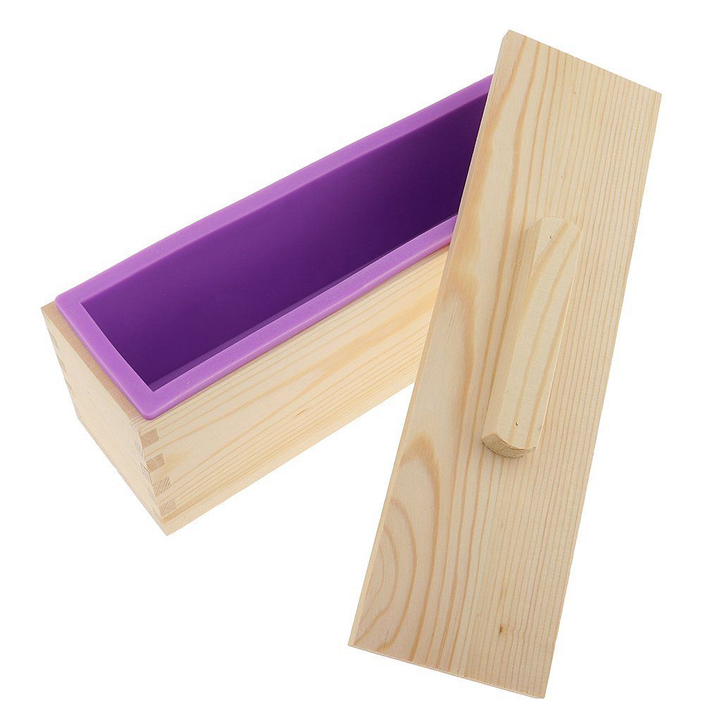 Diy sabão artesanal molde de silicone-molde de sabão retangular com caixa de madeira e tampa de madeira-roxo + madeira, 900ml