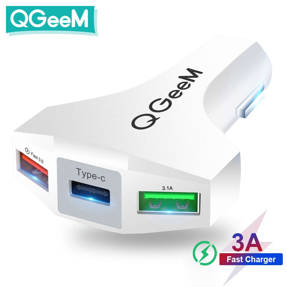 Qgeem Usb C Auto-oplader Quick Charge 3.0 Auto Type C Snelle Auto-oplader Adapter Hamer 3USB Draagbare Auto-oplader voor Iphone Xiaomi: Safety Hammer White