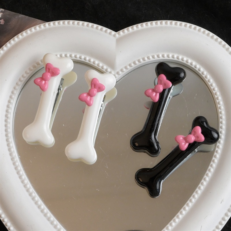 Pinzas para el pelo con forma de hueso de perro con lazo rosa Kawaii, horquilla de hueso Popular en blanco y negro, accesorios de pasadores de pico de pato encantadores para niñas