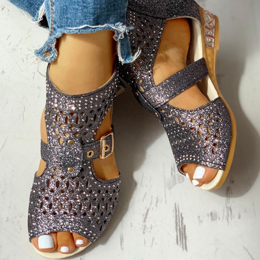 Karinluna ihålig gladiator dragkedja kilklack sommar kvinnor skor kvinna sandaler fritid bling skor kvinnlig
