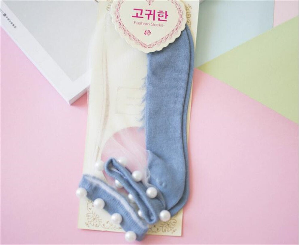 Lolita jeune fille japonaise belle avec perle femme chaussettes courtes multiples couleurs coton Socks B426: blue