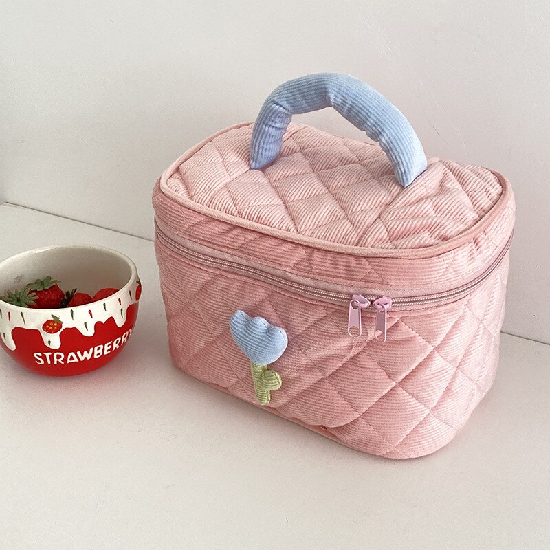 PURDORED 1 Pc borsa per trucco fiore tinta unita cerniera grande borsa cosmetica in velluto a coste morbido viaggio femminile trucco organizzatore Beauty Case: pink-L