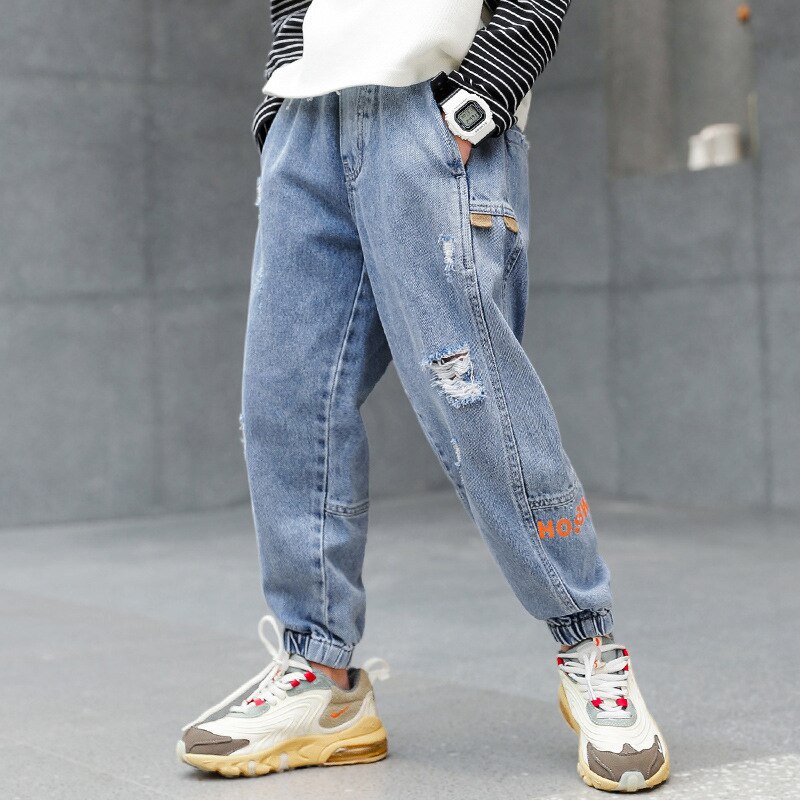 Boys Jeans Kids Boy Letter Print Denim Clothing Classic Long Hole Pants Skinny Jeans Boys Casual Trousers Bottoms: 140