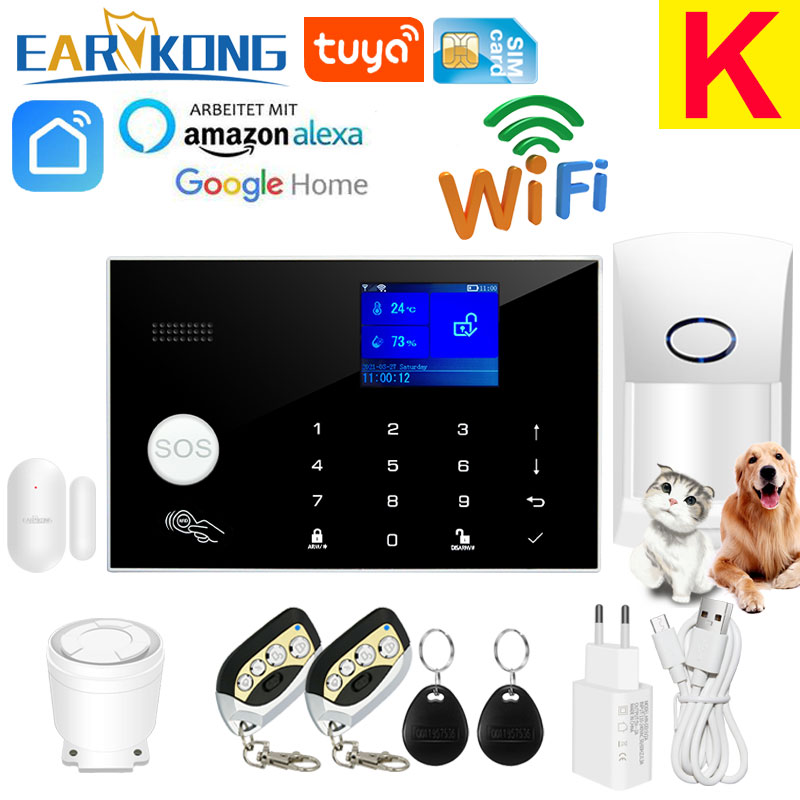 Wifi GSM Alarmsysteem 433 MHz Thuis Inbreker Beveiligingsalarm Draadloze bedrade detector RFID Touch-toetsenbord Temperatuur Vochtigheid Alexa: WHITE