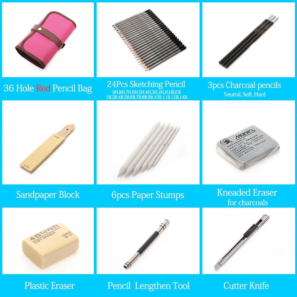 27/39pcs Sketch Pencil Set Sketching Drawing Kit Wood Pencil Pencil Bags For Painter School Students Art Supplies: 36 Red Sketch Set