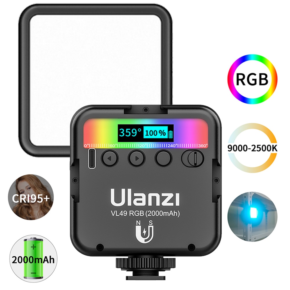 Ulanzi VL49 Rgb Video Licht, 2000Mah Oplaadbare Batterij Led Camera Licht, Cri 95 +,2500-9000K Led Video Light Voor Smartphone Slr