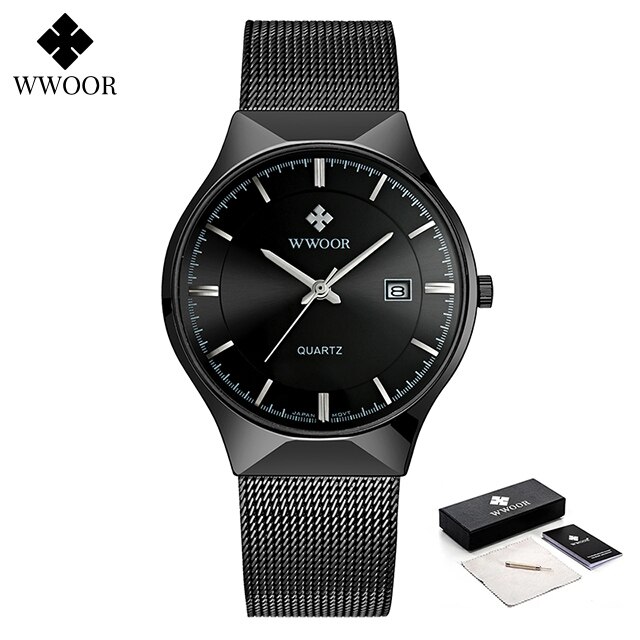 Relojes WWOOR plateados para hombre con malla de acero, superior de lujo, cuarzo ultrafino, resistente al agua, fecha, reloj de pulsera de negocios, caja Montre Homme: Marrón