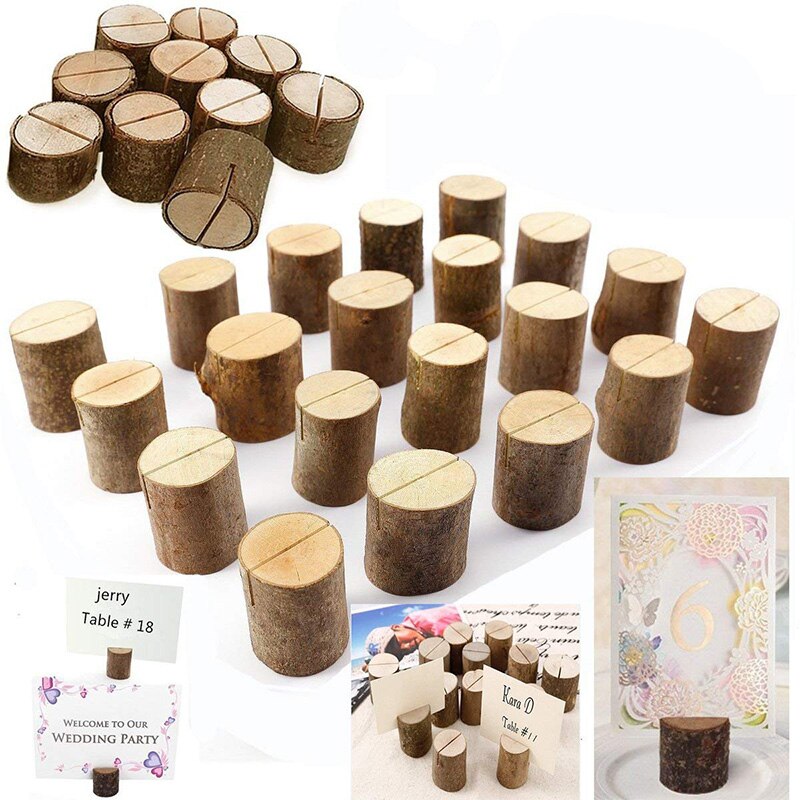 50pcs Rustieke Real Wood Base Bruiloft Tafel Naam Nummer Houder Partij Decoratie Kaarthouders Foto Memo Clip Note Foto clips