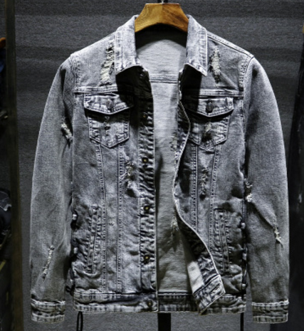 Herfst lente denim jas jassen heren gat grijs effen kleur lange mouw omslagkraag zakken retro cowboy mannelijk: Xxl