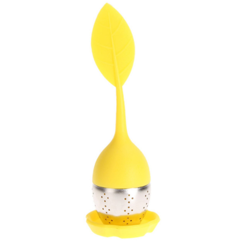 Infusor de té de silicona, filtro de té reutilizable, 6 colores, hojas dulces con bandeja de gota, Bola de té, herramienta de té de filtro de especias de hierbas, 1 Uds.: Yellow