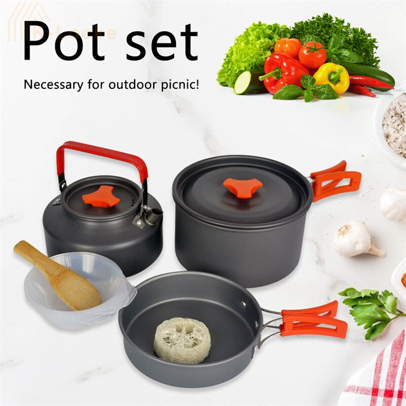 Portable Camping Cookware Kit Outdoor Aluminum Cooking Pot Set Water Kettle Pan Pot Folded Travel Hiking Picnic BBQ Tableware