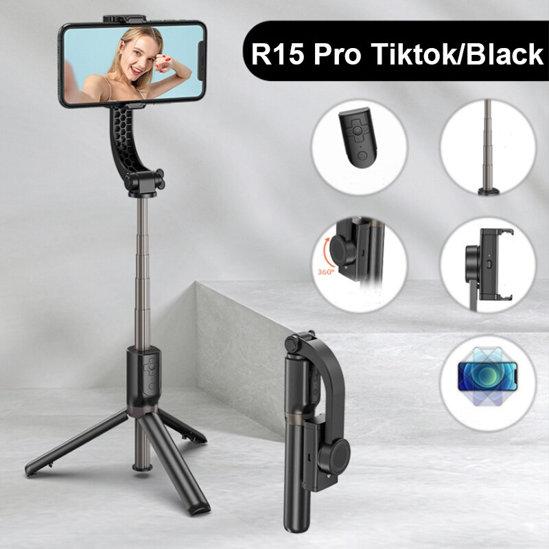 Single axis stabilizer R15 mobile phone self stick vlog video live anti shake aluminum tripod for xiaomi red note 9 for iphone12: R15 Pro Black