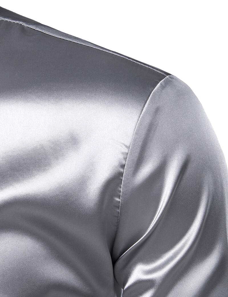 Heren zilverkleurige zijden satijnen overhemd met stropdas, slim fit overhemd met knoopjes, casual overhemd voor heren, feest, bruiloft, gala, podium, chemise