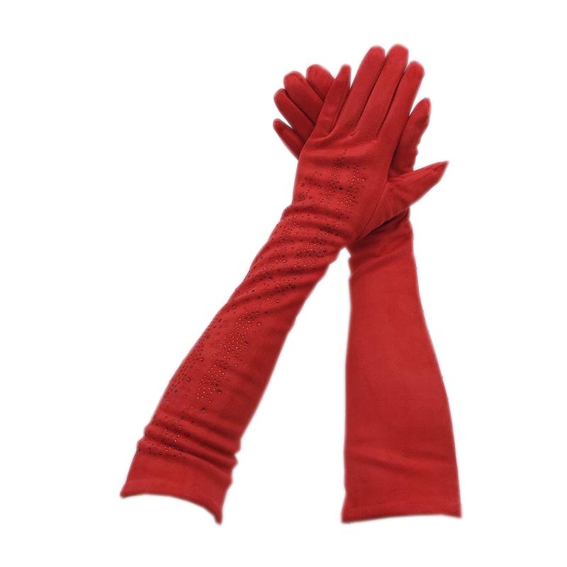 Höst och vinter mocka supermjuka handskar dam varm middag förlängd körning lång stil vackra handskar röda