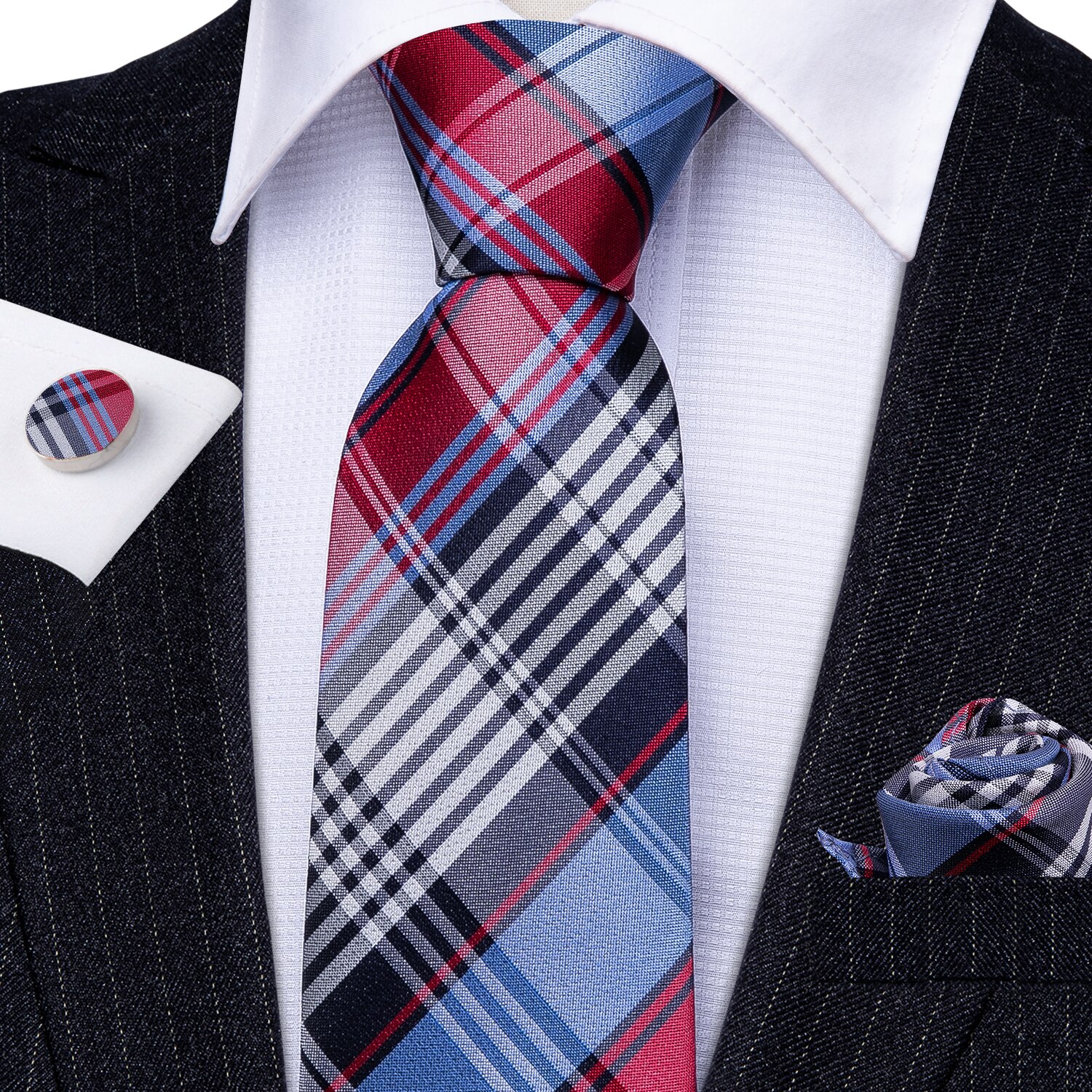 Red Blue Plaid 100% Silk Tie For Men Suit Wedding Tie Barry.Wang NeckTies Hanky Sets Business LN-5341