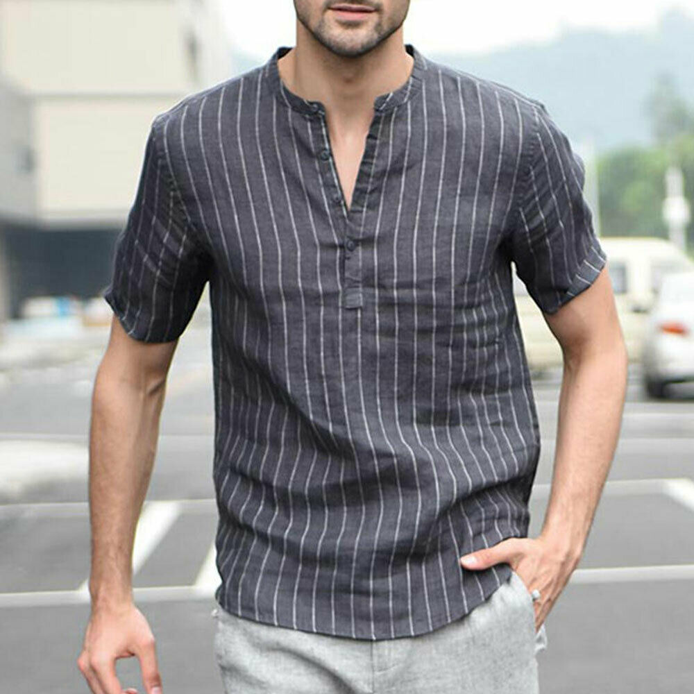 Summer Men's Shirts Linen V Neck Short Sleeve Striped Basic Pullover Gray Slim Tee Stand Collar Casual Tops M-2XL: Gray / M