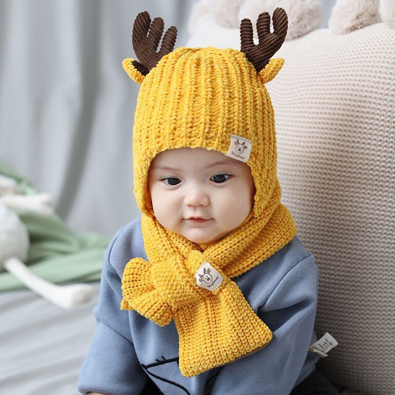 Chapeaux avec écharpe en polaire chaude pour filles, bonnet d'hiver tricoté pour enfants,