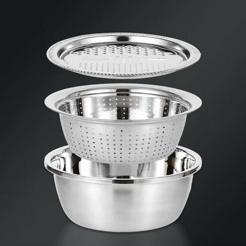 Neue 3 stücke Edelstahl Topf Gemüse Cutter Schneidemaschine Ablauf Korb Sieb Siebe Küche Reibe Sieb Reis Waschen Filter