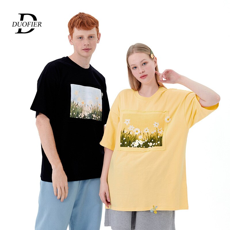 Summer Men Women T Shirts Canvas Patch Daisy Printing Trendy Men's Short Sleeve Tees Casual Couple Tops Male Short Sleeve Shirts