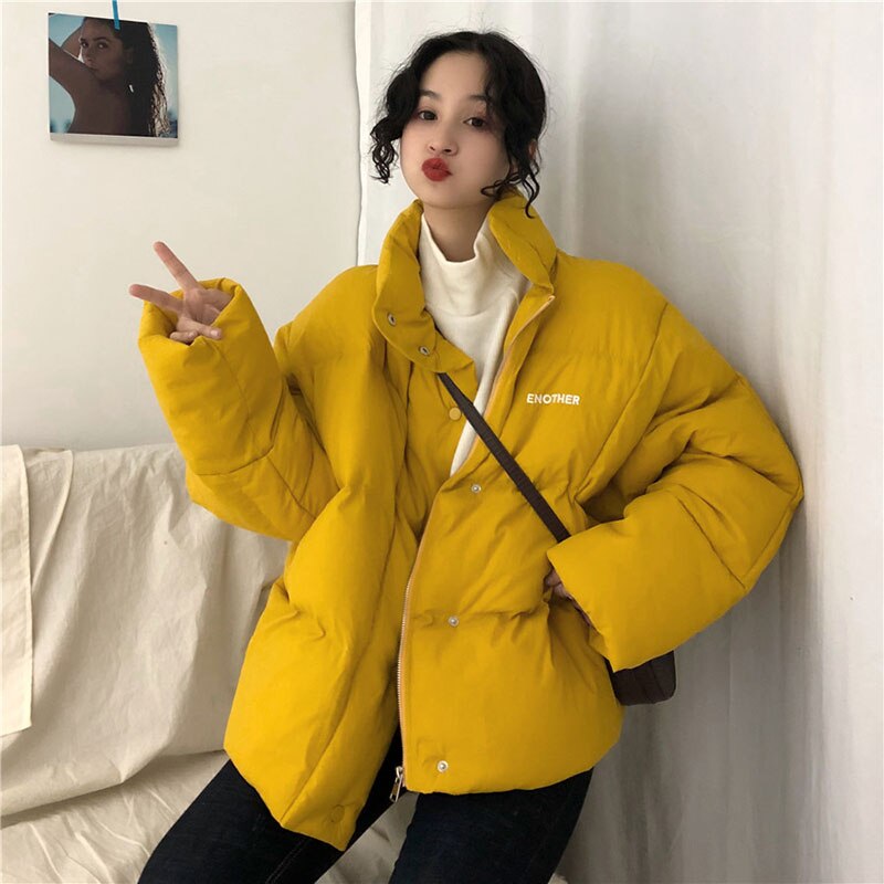 Fluorescent green Bright Winter Jacket Women Parka Warm Thick Solid Short Cotton Padded Parkas Coat Loose Stand Collar Outwear: YELLOW / S