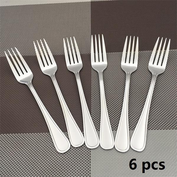 6pcs 8.5''Stainless Steel Dinner Fork Salad Dessert Fruit Forks Cutlery Four Tine Flatware set Korean Long Handle Table Fork set: B 6 pcs